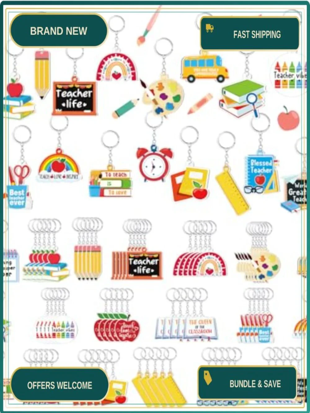100 Acrylic Back to School Keychains Apple Book Pencil Rainbow Bus Party Favors